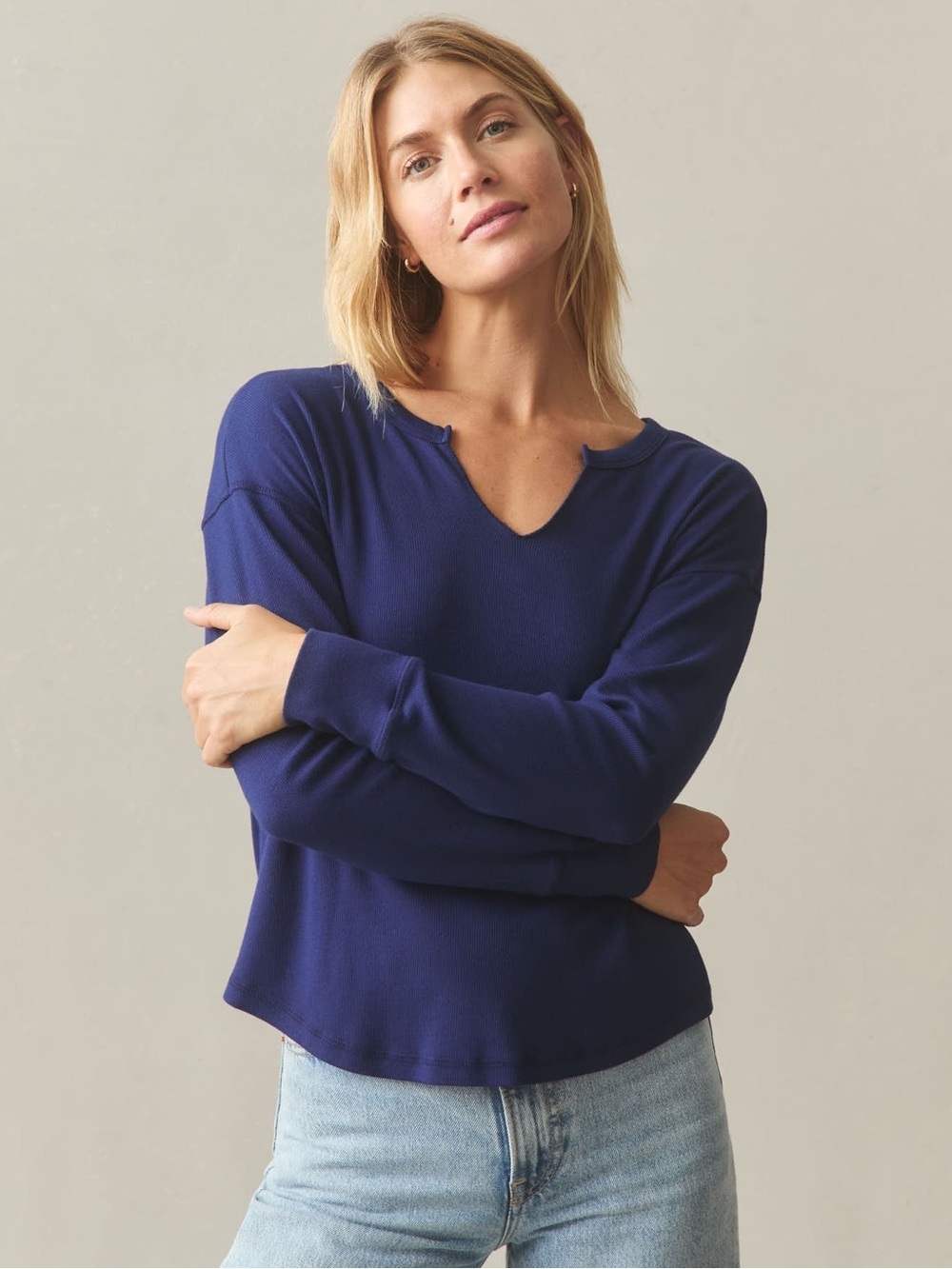 NWOT American Giant Women's Luxe Rib V-Notch Long Sleeve Blueprint